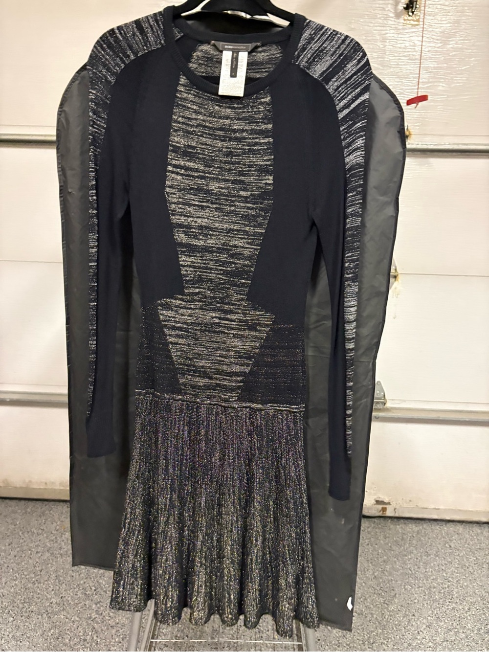 Bcbg Black Metallic Knit Fit-and-Flare Dress